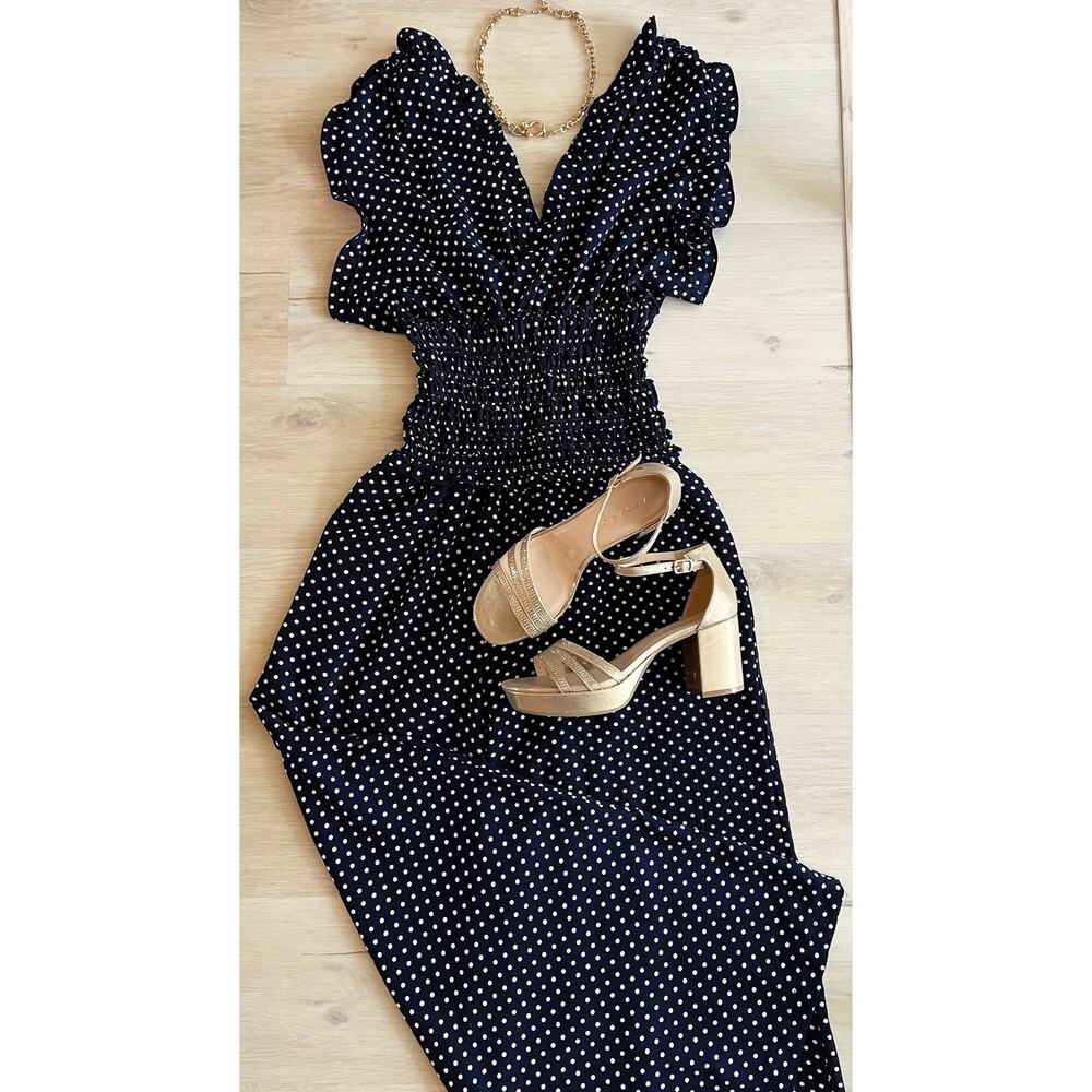 Navy Polka Dot Smocked Jumpsuit - Classic Summer Style